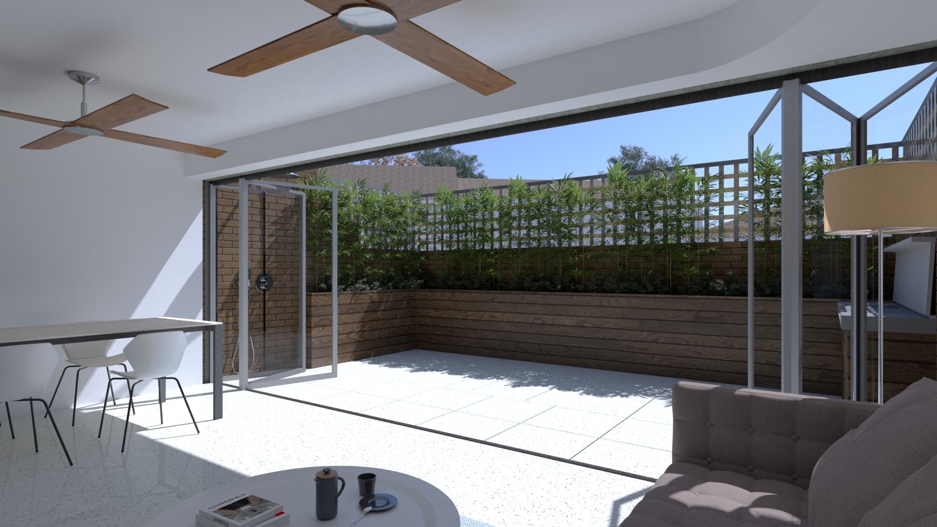 Concept 2: New courtyard design, viewed from the lounge. Planter boxes replace existing garden beds, but are more narrow. Addition of an outdoor shower and builtin BBQ.