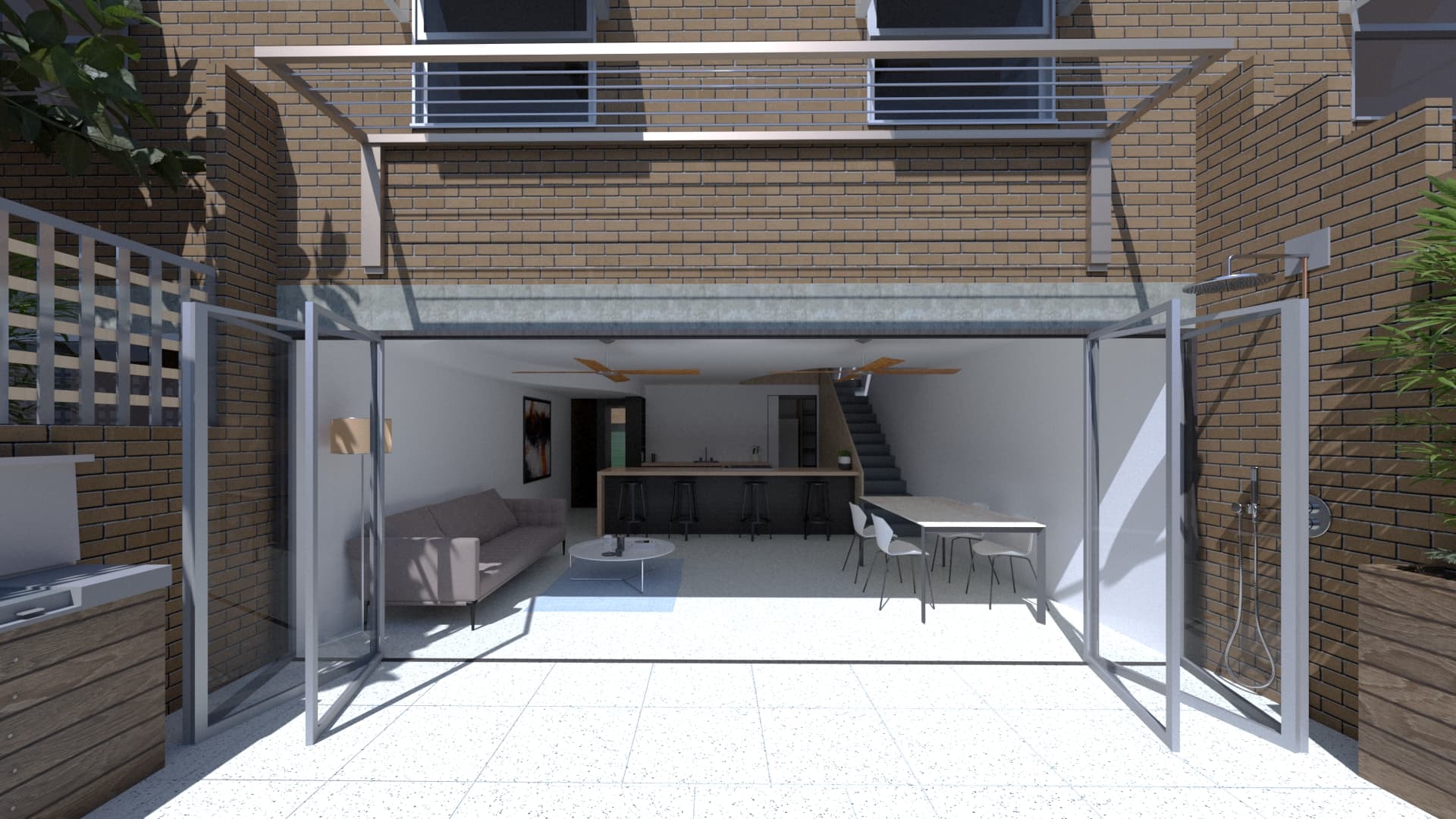 Concept 2: Full width bi-fold doors open the living space extending it seamlessly into the courtyard. The existing clothesline is replaced with a hoist clothesline situated above the doorway