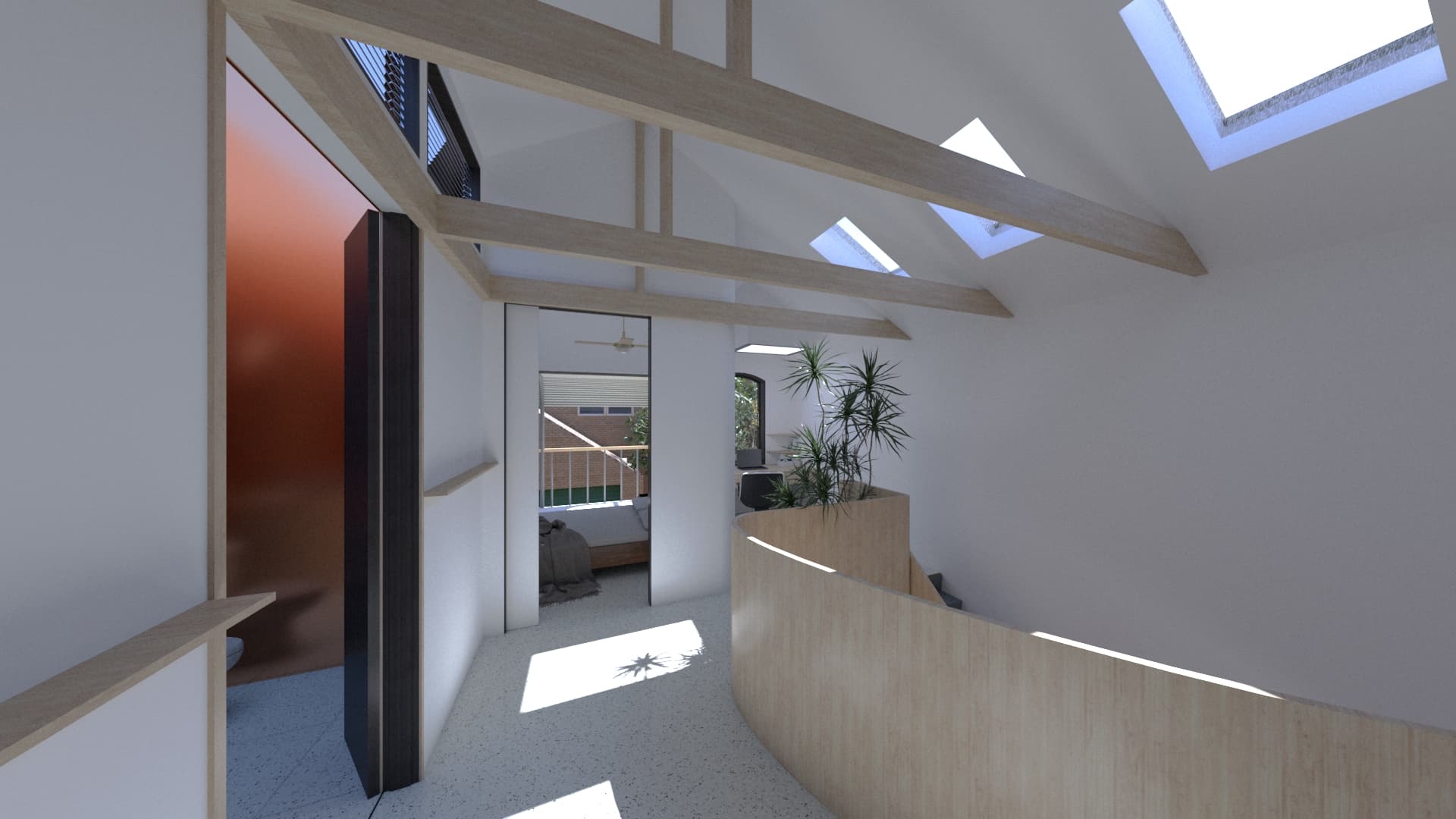 Concept 2: Existing ceiling is opened up exposed roof beams and 3 new skylights. Louvres highlight windows bring in even more light and improve ventilation