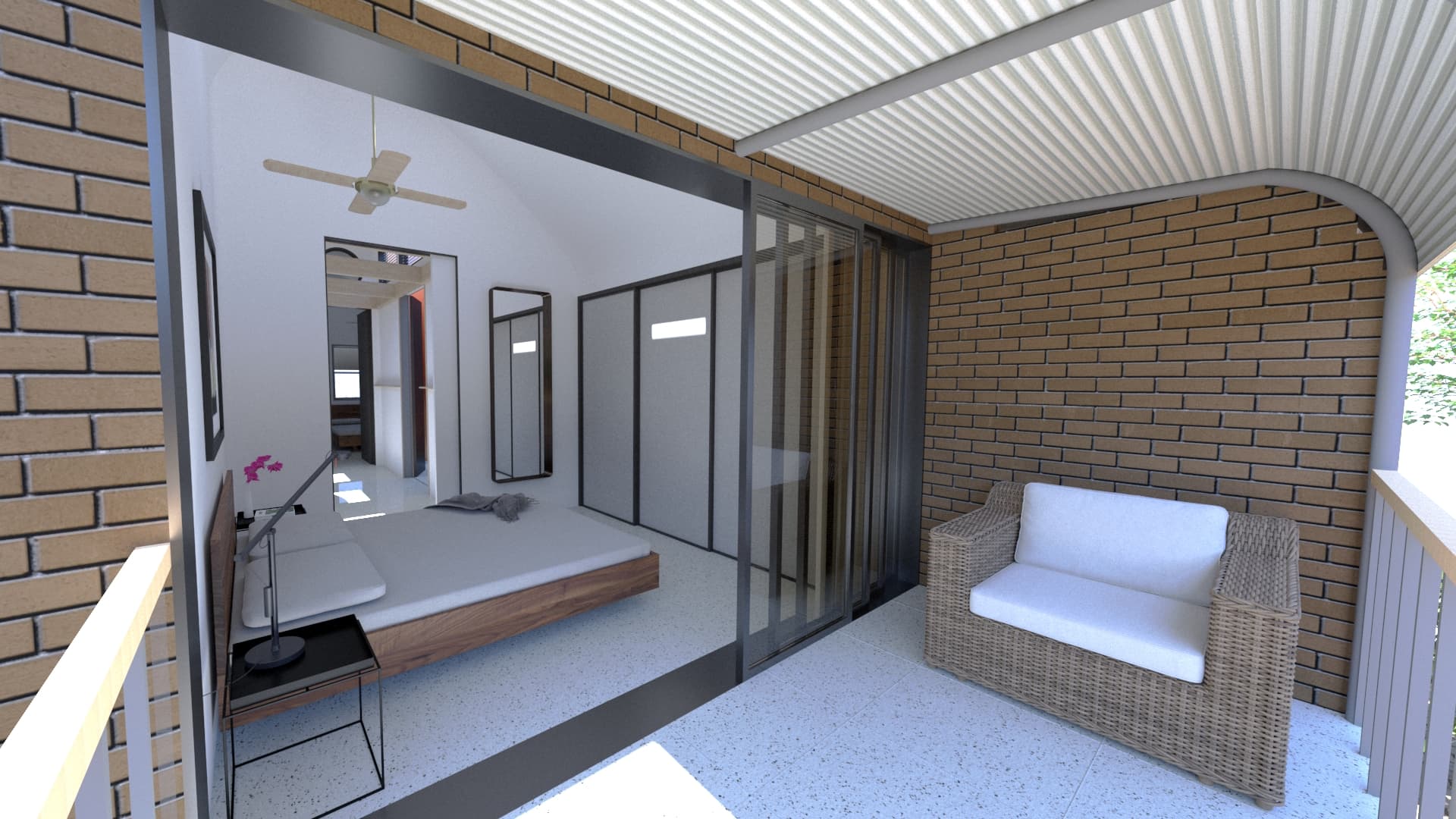 Concept 2: New master bedroom design. Existing balcony floor is floated to new floor level making it more usable. Existing windows / door replaced with full width glass sliding door. Ceiling is now raked