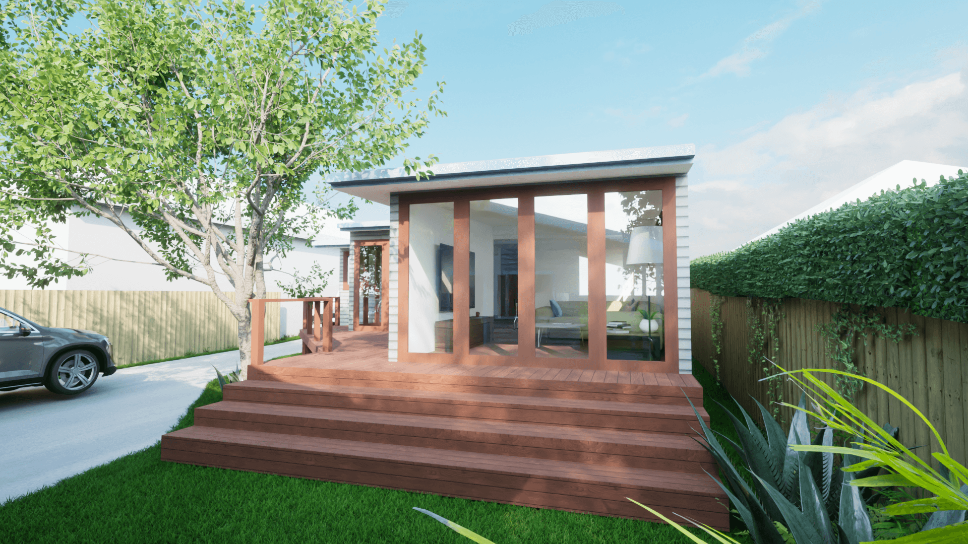 Concept 3 new folding doors and new deck raised to internal floor height to make indoor / outdoor living