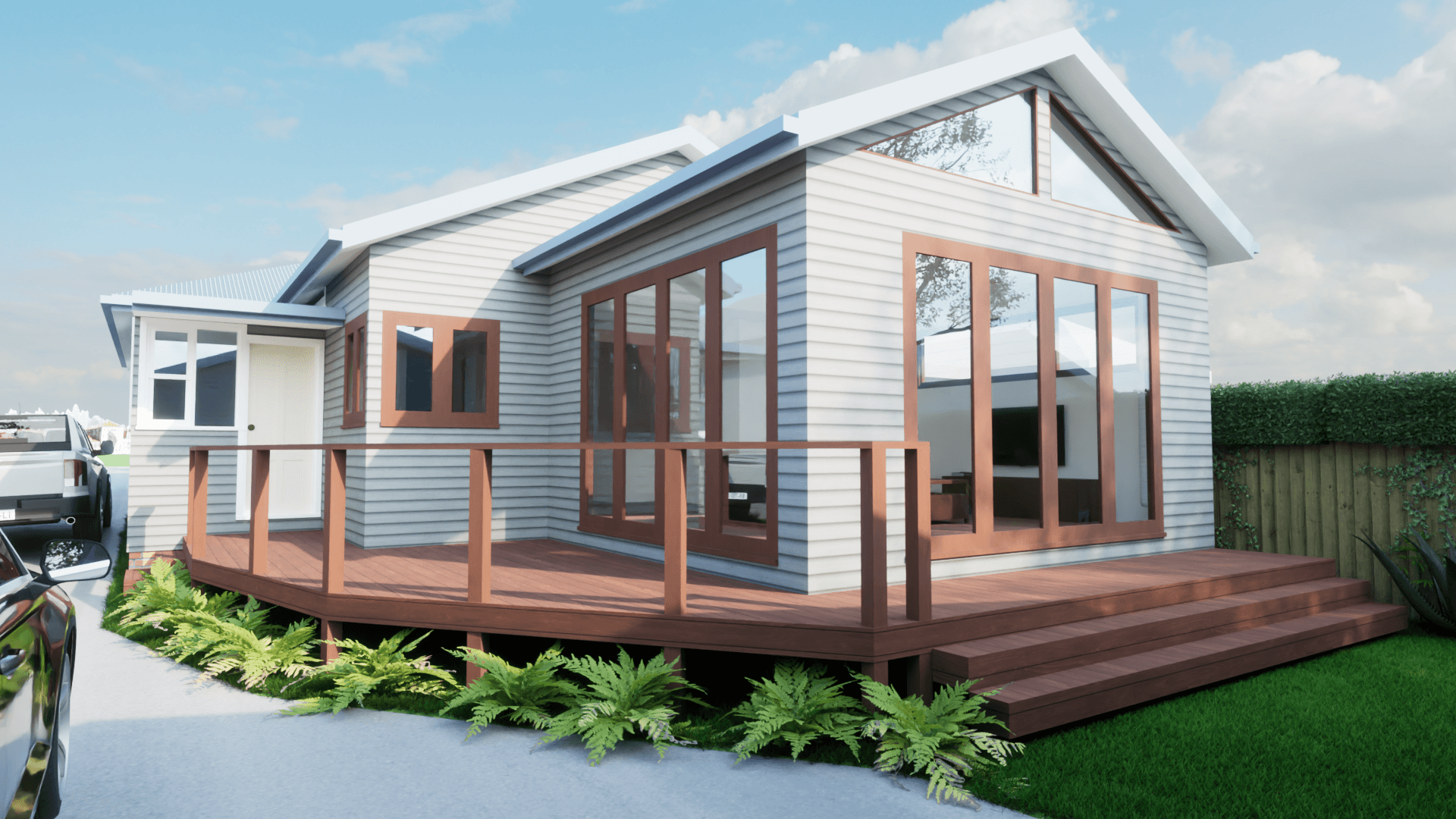 Concept 2 tests the idea of a wrap around deck (possible by tree removal) and keeps the existing deck level, also note the change to scale and the gable extension of the existing pitched roof