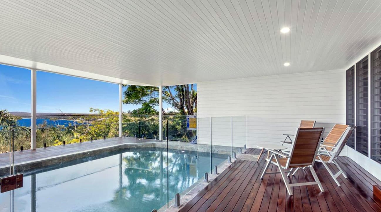 New Pool Area, the spa and 'water feature' were removed and the whole area is now an external area. The height levels are vastly improved along with the pool shape and tiling