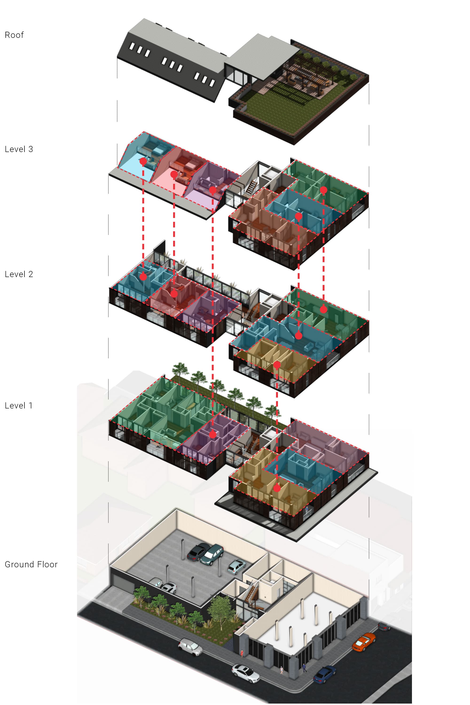 Exploded Axo - showing the floors each unit spans